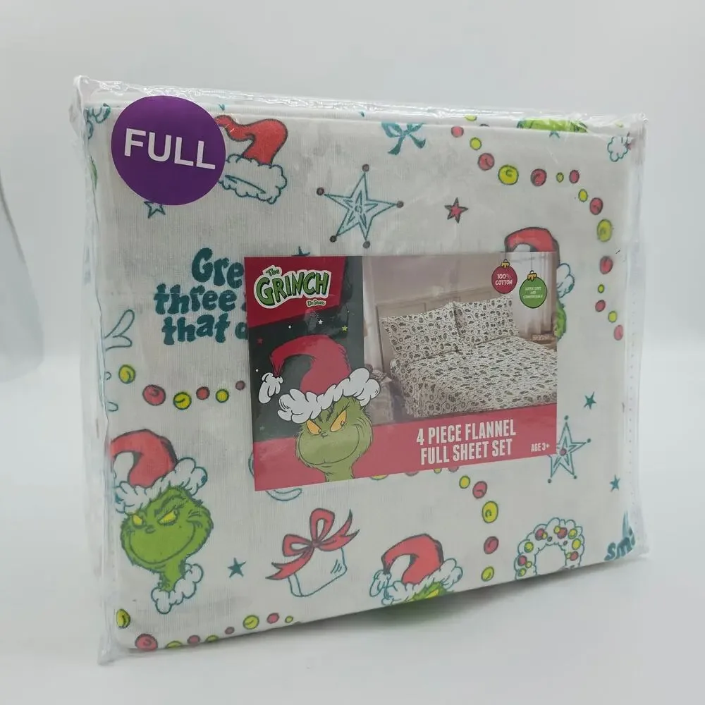 The Grinch Christmas Holiday Full Size Flannel 4 Pc Sheet Set‎ 100% Cotton Warm